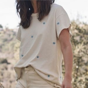 The Great's Boxy Crew in Cream with blue Wishweed Embroidery size 0